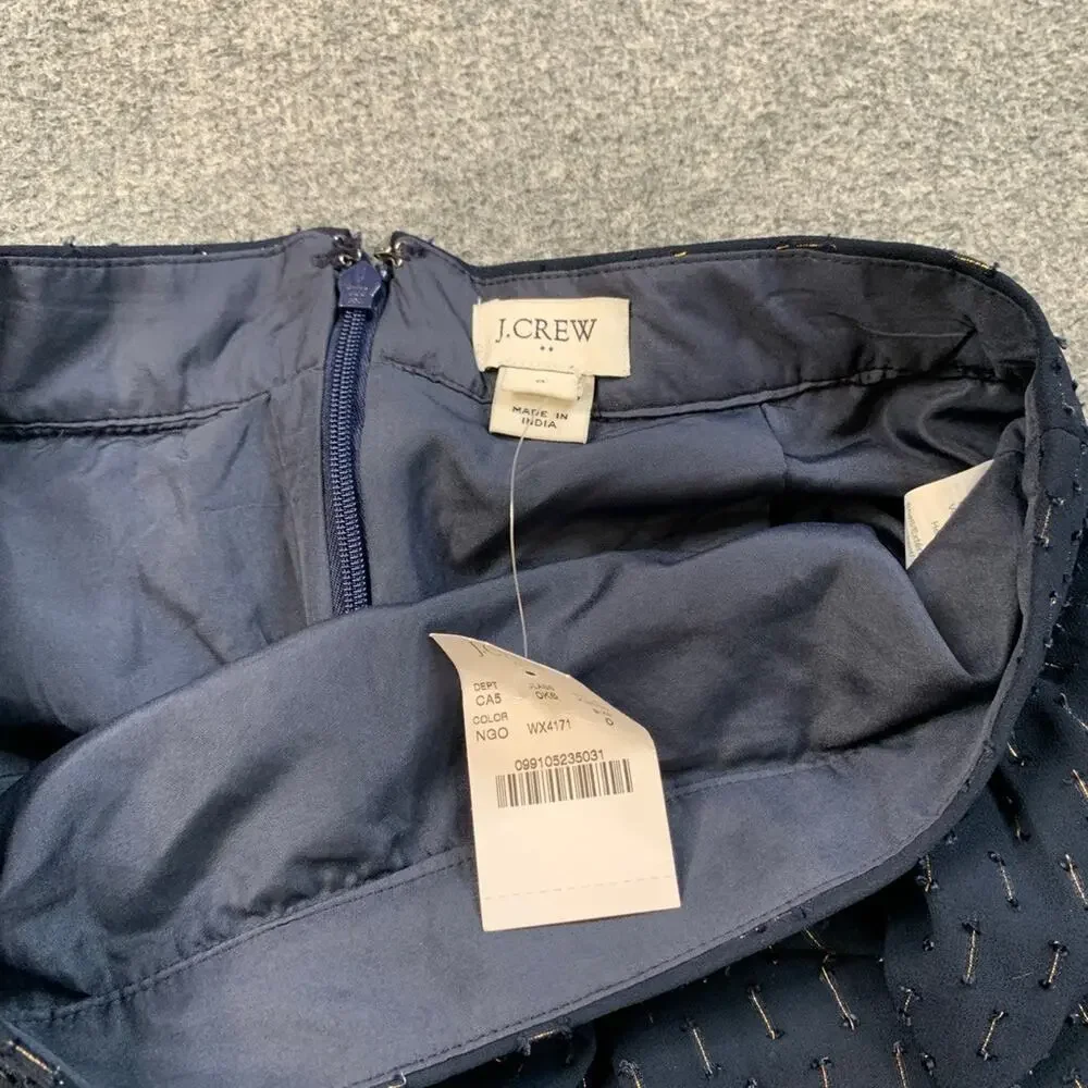 J Crew Skirt Womens 0 Blue Gold Thread Lined Zip Back Metallic Fibers Back Zip